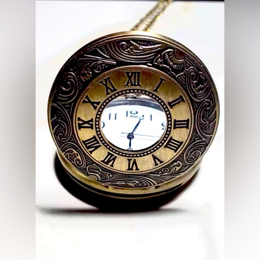 Bronze Hollow Roman Chain Pocket Watch Black Face Numbers Vintage Pocket Watch